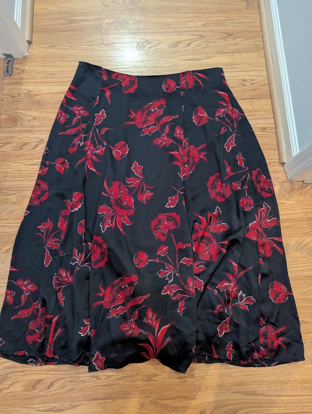 Black Floral Midi Skirt with Red Bloom Print